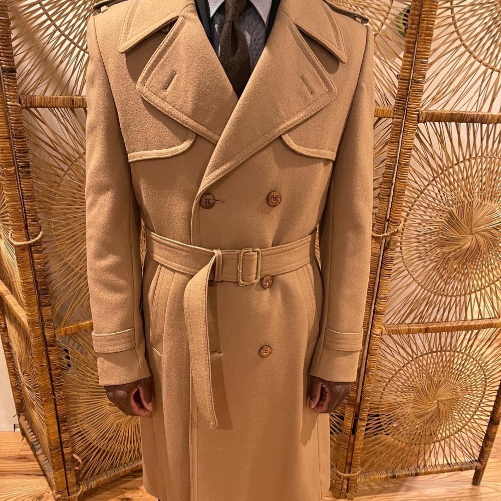 vintage 70's men's double breasted 100% Wool Over Coat SZ 40  fully lined camel